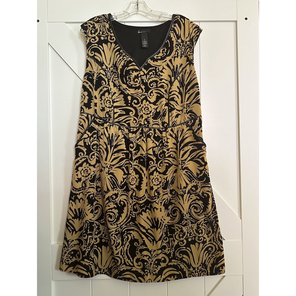 Lane Bryant Gold And Black V-neck Sleeveless Lined Satin Piped Shirt Dress‎ 16